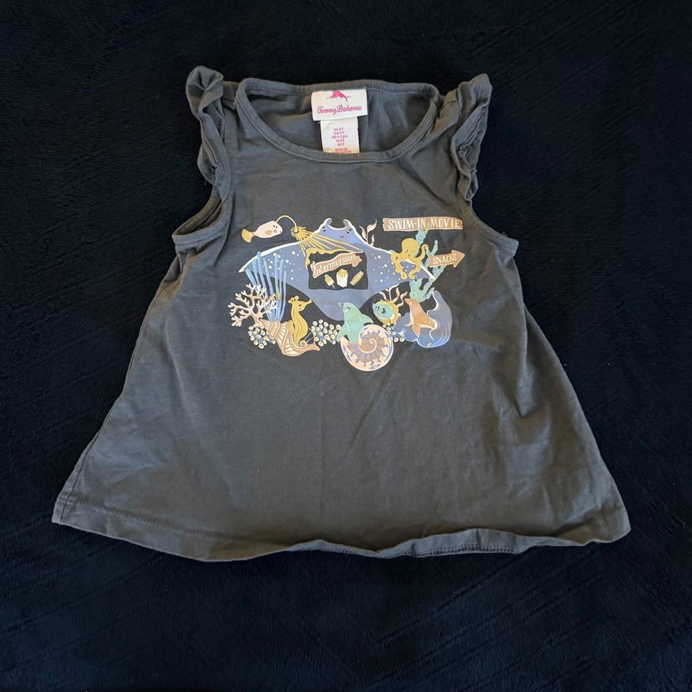 Tommy Bahama Girls 2T Swim-In Movie Graphic Tank Top Gray Ruffle Shoulder Sleeve